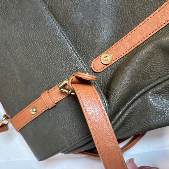 MMS Olive Green Cognac Brown Vegan Leather Convertible Backpack Satchel Bag - Picture 11 of 12